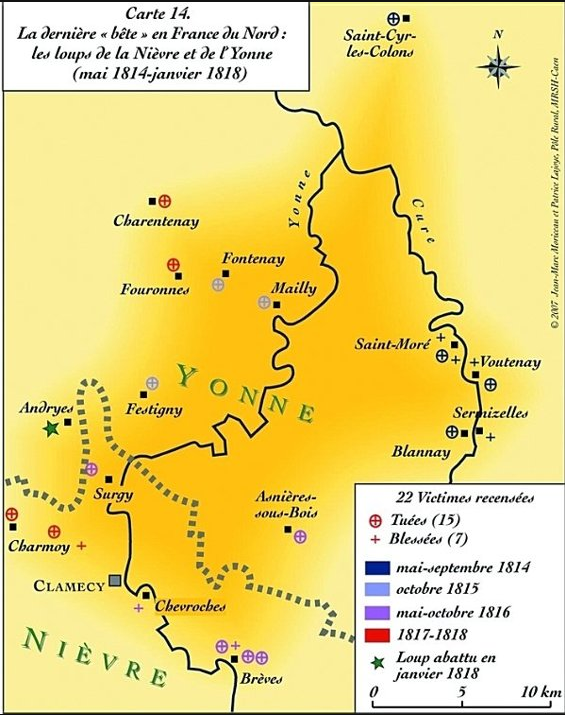 Carte montrant la zone et la grande proximité géographiques des attaques de 1814 à 1818.