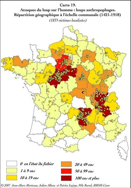 Carte de France mettant en valeur les départements les plus sujets au attaques de loups et, plus spécifiquement, les communes. On note certaines zones particulièrement concernées : la zone Indre-et-Loire / Loir-et-Cher / Loiret / Eure-et-Loire / Yvelines, la zone Lozère / Haute-Loire, et une bonne partie de l'est de la France. On voit aussi la zone dont je parle dans cet article, fort heureusement.