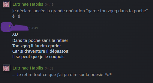 Screenshot d'une conversation.
Moi : Je déclare lancée la grande opération "garde ton zgeg dans ta poche".
Un ami : Dans ta poche sans le retirer, Ton zgeg il faudra garder, Car si d'aventure il dépassoit, Il se peut que je le coupois.
Moi : Je retire tout ce que j'ai pu dire sur la poésie !